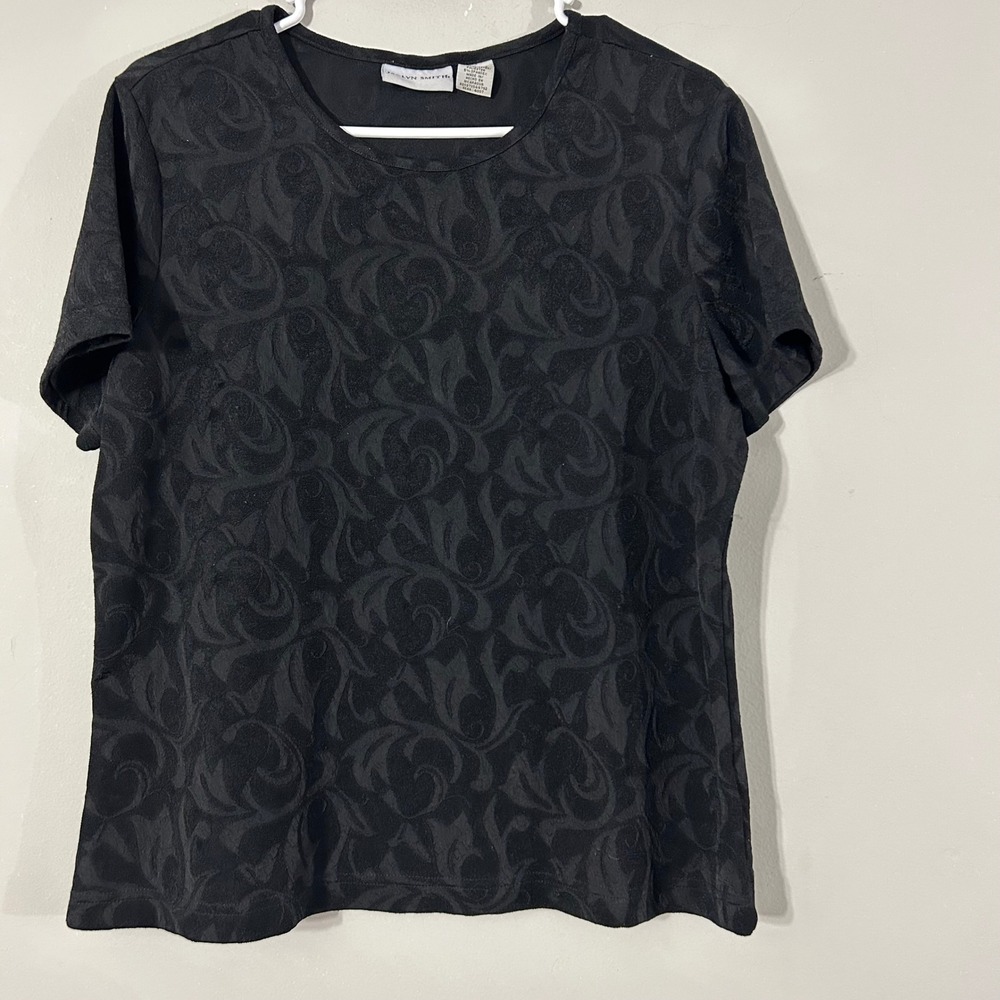 Jaclyn Smith Black Textured Floral Short Sleeve T Shirt Top Large